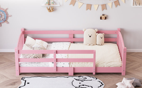 English Elm Twin Montessori Floor Bed Solid Pine Frame with Safety Guardrails for Kids Bedroom Pink N733P400298H