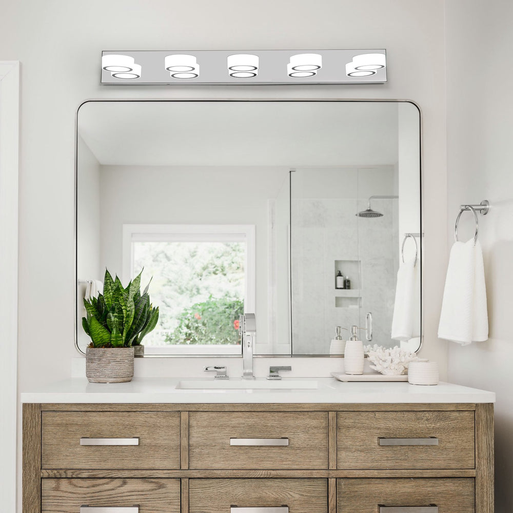 English Elm 37" Modern 5-Light Led Vanity Sconce - Chrome Finish, Dimmable Acrylic Shades For Bright Bathroom Glow W2312P374891