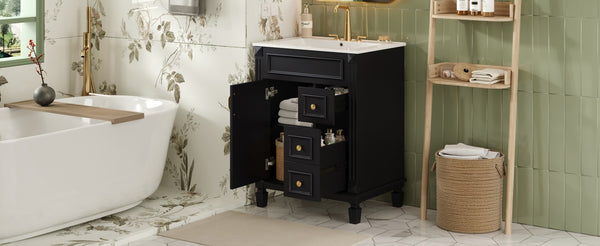 English Elm 24" French-Inspired Bathroom Vanity With Ceramic Sink, 2 Soft-Close Drawers & Adjustable Shelf N710P318989B