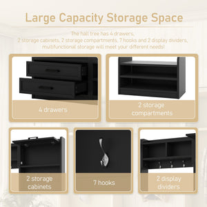 English Elm 4-in-1 Hall Tree with Bench, 7 Hooks, 2 Cabinets & 4 Drawers for Entryway Storage and Seating Black W1580S00089