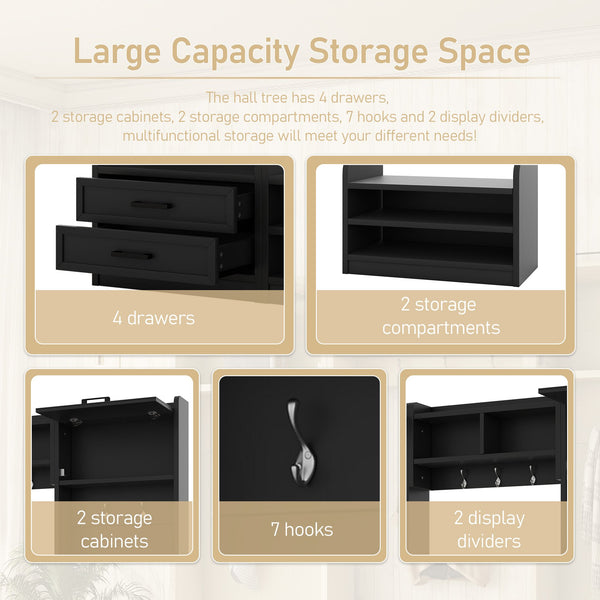 English Elm 4-in-1 Hall Tree with Bench, 7 Hooks, 2 Cabinets & 4 Drawers for Entryway Storage and Seating Black W1580S00089