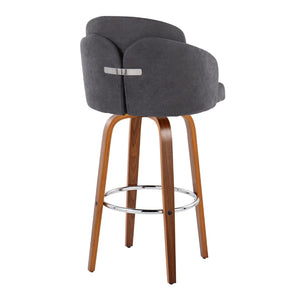 English Elm Fixed-height Mid-century Barstools with Walnut Legs and Grey Upholstered Seats Set B202S01900