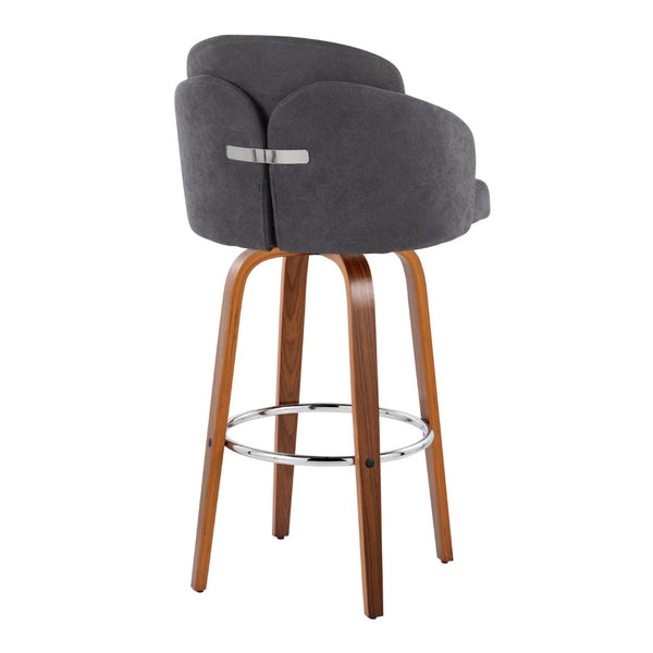 English Elm Fixed-height Mid-century Barstools with Walnut Legs and Grey Upholstered Seats Set B202S01900