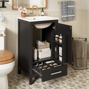 English Elm 18-Inch Modern Bathroom Vanity with Ceramic Sink, Soft-Close Doors, Divider Drawer & Adjusting Feet Black N729P334854B