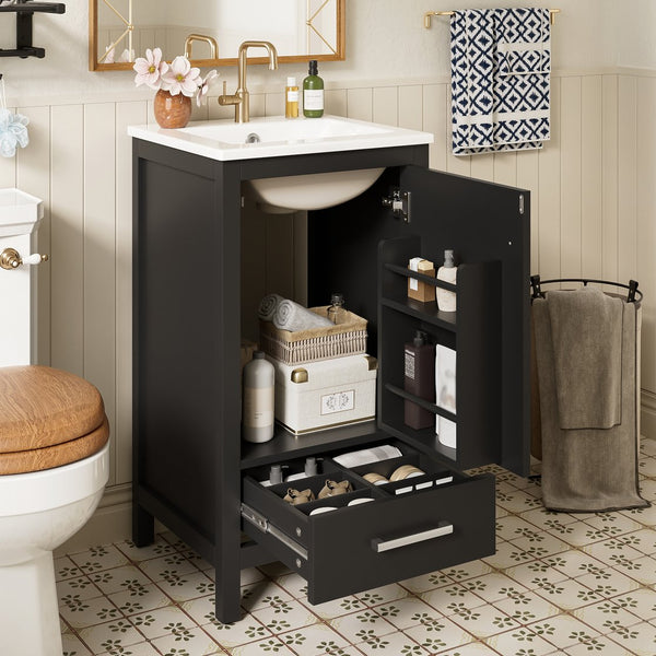 English Elm 18-Inch Modern Bathroom Vanity with Ceramic Sink, Soft-Close Doors, Divider Drawer & Adjusting Feet Black N729P334854B