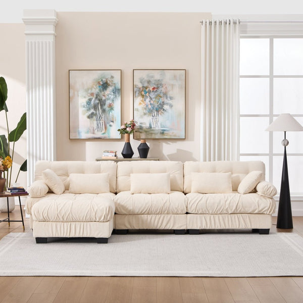 English Elm Modular Cloud Sectional Sofa Flannelette Deep Seat L Shape with Movable Ottoman Beige W2120S00037