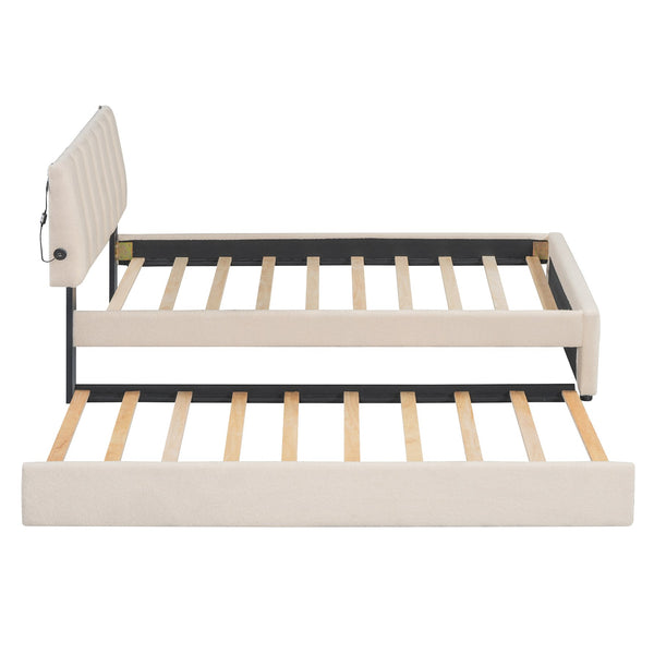 English Elm Teddy Twin Upholstered Platform Bed with Trundle, LED Smart Lighting, Plush Fleece, Sturdy Design Beige SF000055AAA