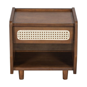 English Elm Black Rattan Panel Nightstand with Open Shelf Drawer Mdf Modern Bedroom Storage N770P374577D