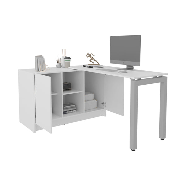 English Elm Elfrida Compact White Desk with Two Open Shelves, Scratch-Resistant Melamine Surface, Stable Design B128S00194