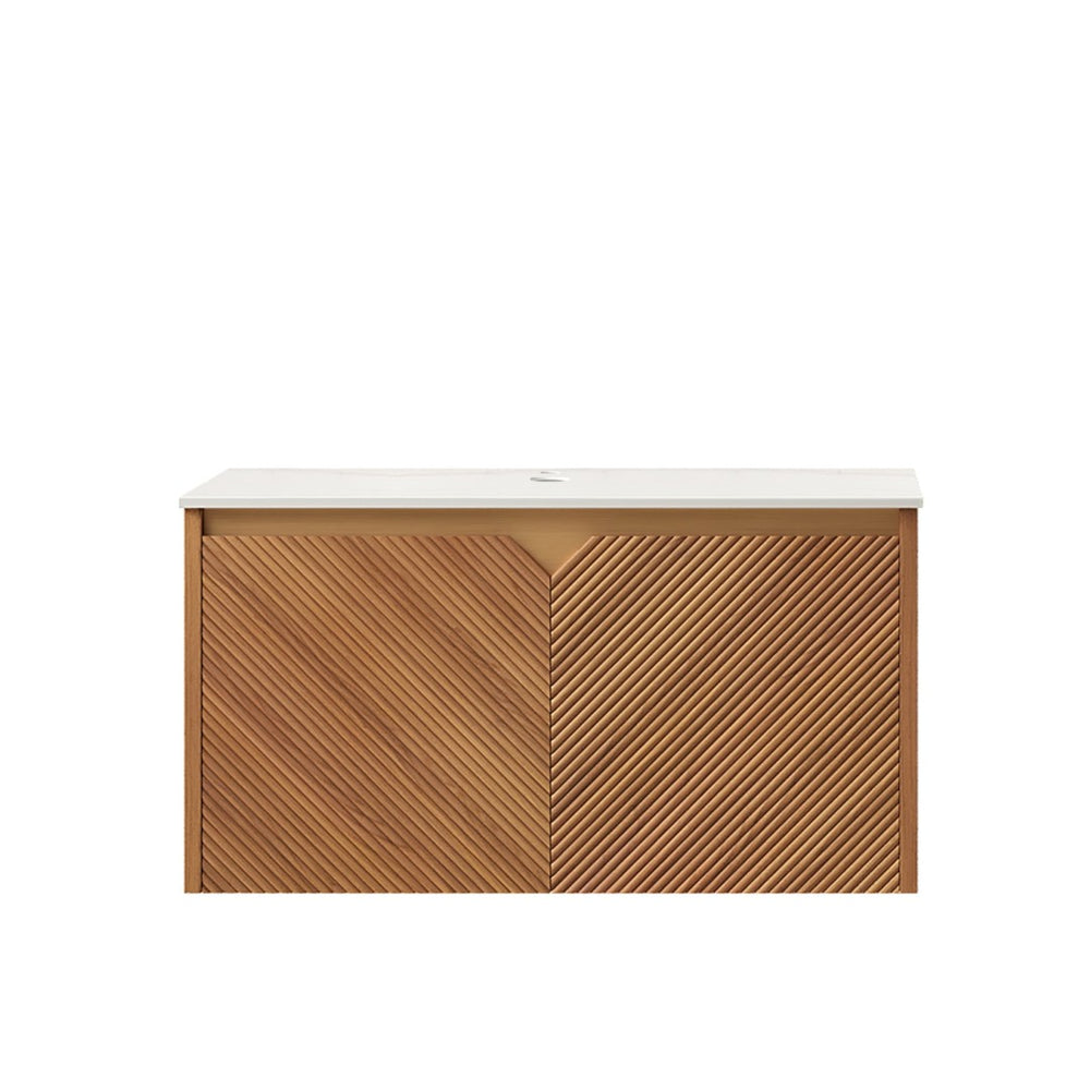 English Elm Noor Oak Veneer Floating Bathroom Vanity with Grooved Plywood Cabinet and Ceramic Basin W2615P386263