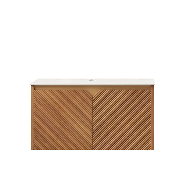 English Elm Noor Oak Veneer Floating Bathroom Vanity with Grooved Plywood Cabinet and Ceramic Basin W2615P386263