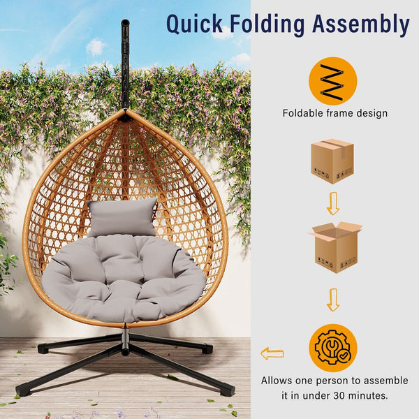 English Elm U_STYLE Sturdy Hammock Chair with HDPE Rattan Weave, Rust-Resistant Chain, Soft Removable Cushion Brown+Yellow,Grey N711P255131S
