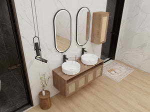 English Elm 48" Floating Bathroom Vanity Oak Finish Dual Ceramic Sinks Four Soft Close Doors W999S00498