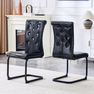 English Elm Set of 2 Glam Faux Alligator Pvc Dining Chairs with Crystal Buckle Bow Legs Black W3875P371060