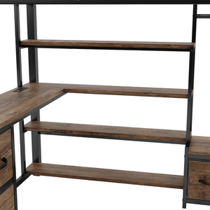English Elm Queen Size Loft Bed With Desk & Led Lighting - Stylish Metal Bed With Storage & Workstation For Small Spaces W2593S00041-GIGA