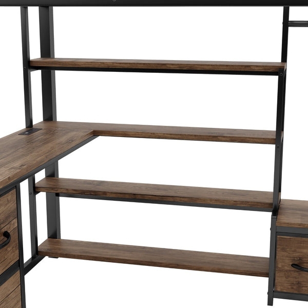 English Elm Queen Size Loft Bed With Desk & Led Lighting - Stylish Metal Bed With Storage & Workstation For Small Spaces W2593S00041-GIGA