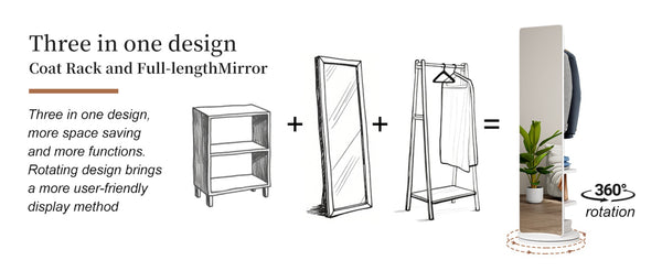 English Elm 360° Rotating Full Length Mirror with Coat Hooks Solid Rubberwood Frame White Bedroom W2987P289172