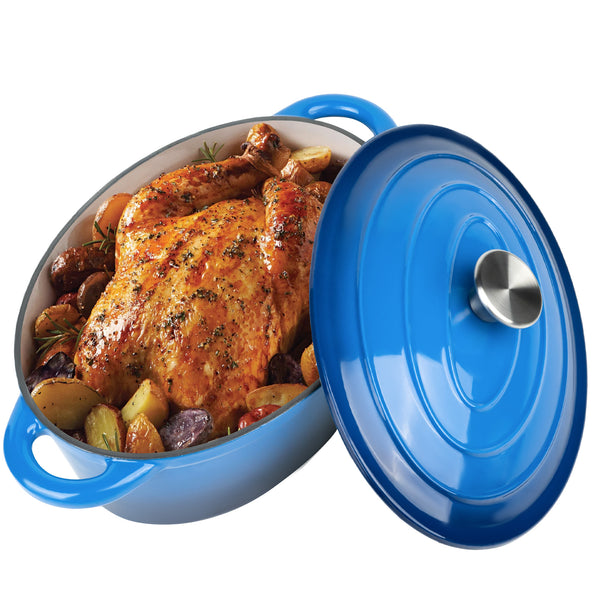 English Elm The oval dutch oven 11.4" 3.5L Blue Enamel Cast Iron, Nonstick Easy-Clean, Even Heat & Moisture Locking T3950P391586