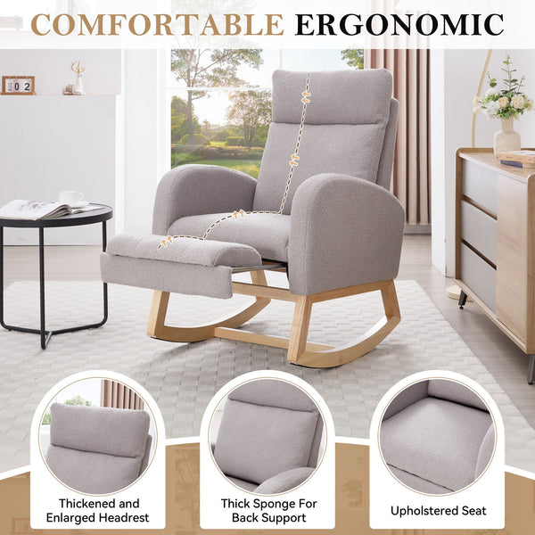 English Elm 015B-Teddy Rocking Chair with Plush Teddy Fabric, Ergonomic High Back, Adjustable Footstool, Pocket Light Gray W527P360696
