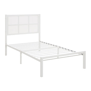 English Elm 1pc Twin Platform Bed with Dark Metal Frame and Faux Cane Panel Headboard, Coastal Casual Design, No Box Spring Needed White 47.25 L x 28 W x 3.75 H B011P214039