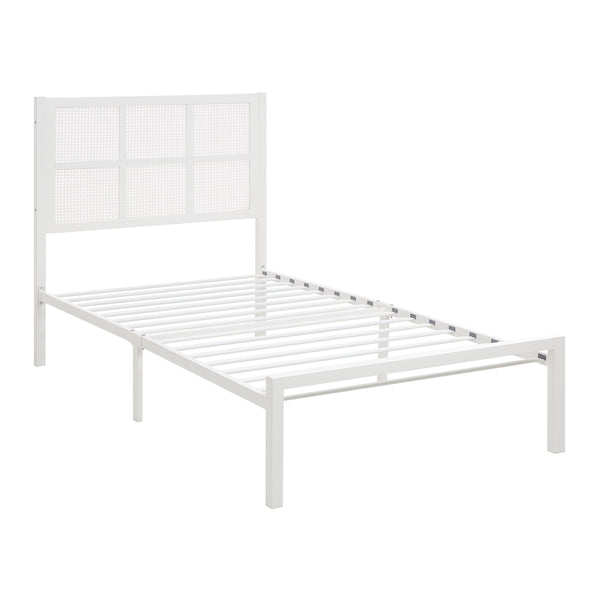 English Elm 1pc Twin Platform Bed with Dark Metal Frame and Faux Cane Panel Headboard, Coastal Casual Design, No Box Spring Needed White 47.25 L x 28 W x 3.75 H B011P214039