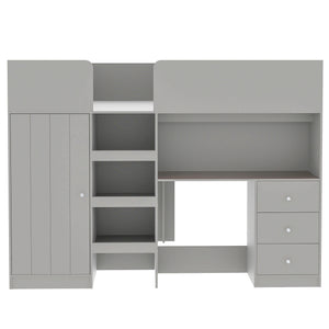 English Elm Wood Full Size Loft Bed with Built-In Wardrobe, Spacious Desk, Shelves and 3 Drawers for Storage Grey GX001819AAE