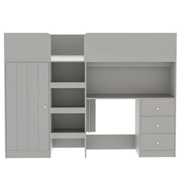 English Elm Wood Full Size Loft Bed with Built-In Wardrobe, Spacious Desk, Shelves and 3 Drawers for Storage Grey GX001819AAE
