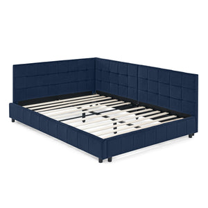 English Elm Full Upholstery Bed Frame with Tufted Velvet Sofa-Style Backrest and Armrests, Sturdy 500lb Capacity Dark Blue W487S00293