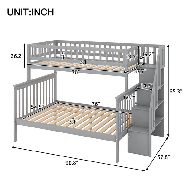 English Elm Twin Pine Twin over Full Staircase Bunk Bed with Built-In Storage, Guardrails & Solid Slat Kit for Kids Room Comfort and Safety Gray SM000296AAE-1