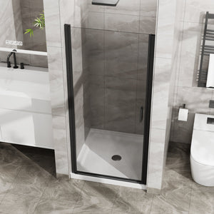 English Elm Goodyo 34"X72" Pivot Shower Door & White Acrylic Base Combo With Black Aluminum & Clear Glass Finish W1223S00018