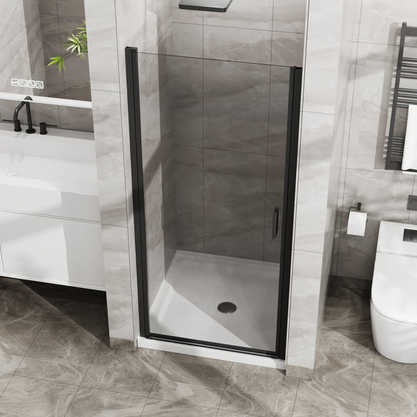 English Elm Goodyo 34"X72" Pivot Shower Door & White Acrylic Base Combo With Black Aluminum & Clear Glass Finish W1223S00018