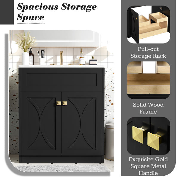 English Elm 30'' Modern Bathroom Vanity With Ceramic Sink, Soft-Close Doors, Gold Handles & Ample Storage Space N710P194898B