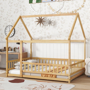 English Elm Full Size House Floor Bed With Roof Frame & Safety Guardrails - Cozy Natural Wood Design For Kids W504P286409