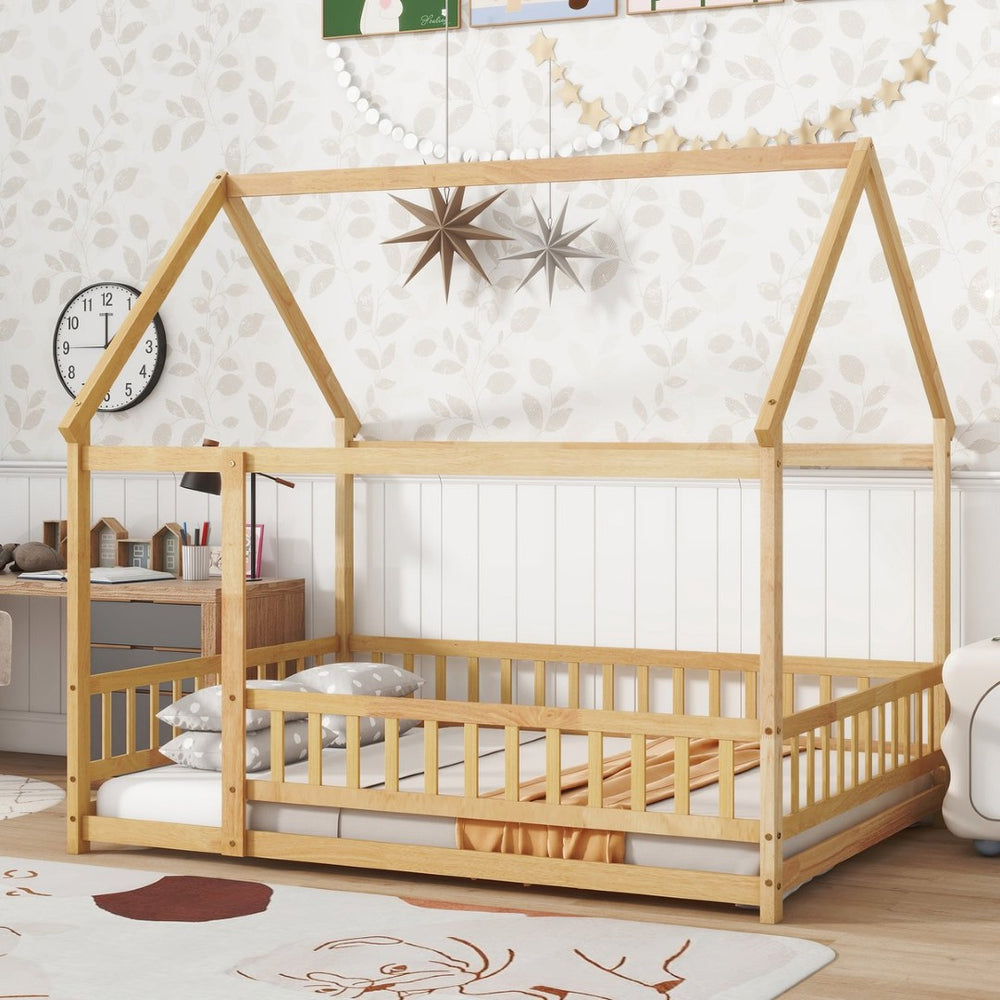 English Elm Twin House Shaped Floor Bed Solid Rubberwood Frame with Guardrails for Kids W504P370560