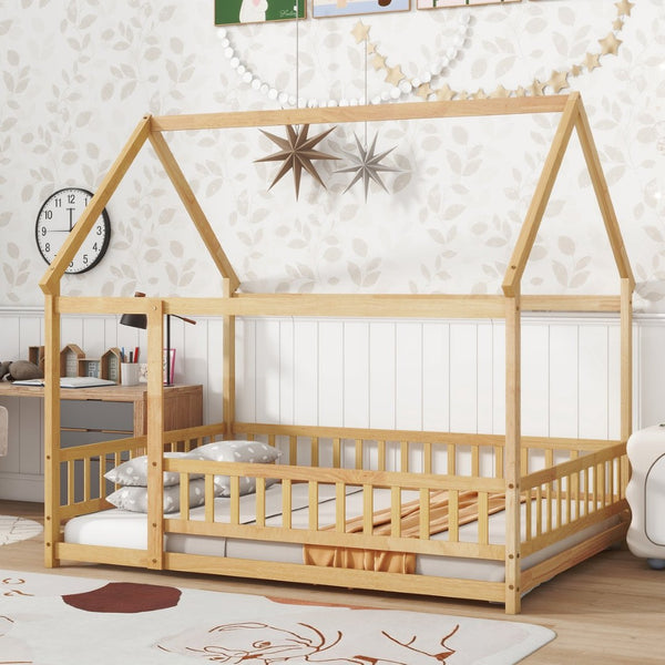 English Elm Twin House Shaped Floor Bed Solid Rubberwood Frame with Guardrails for Kids W504P370560