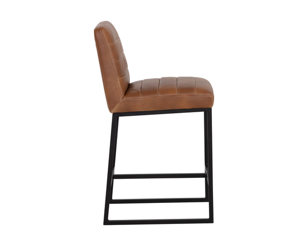 Sunpan Spyros Modern Barstool with Channel Tufting and Sleek Black Powder-Coated Steel Frame for Stylish Spaces Tobacco Tan