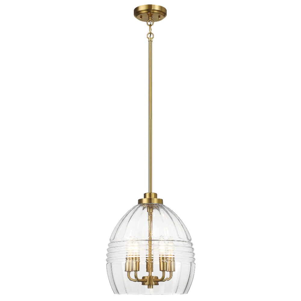 English Elm Ashcroft Furniture - Zen Five Pendant Chain Hanging Light Clear Glass Satin Brass Finish — Modern Zen Lighting Fixture, Radiant Ambiance, Elegant Home Accent B183P231118