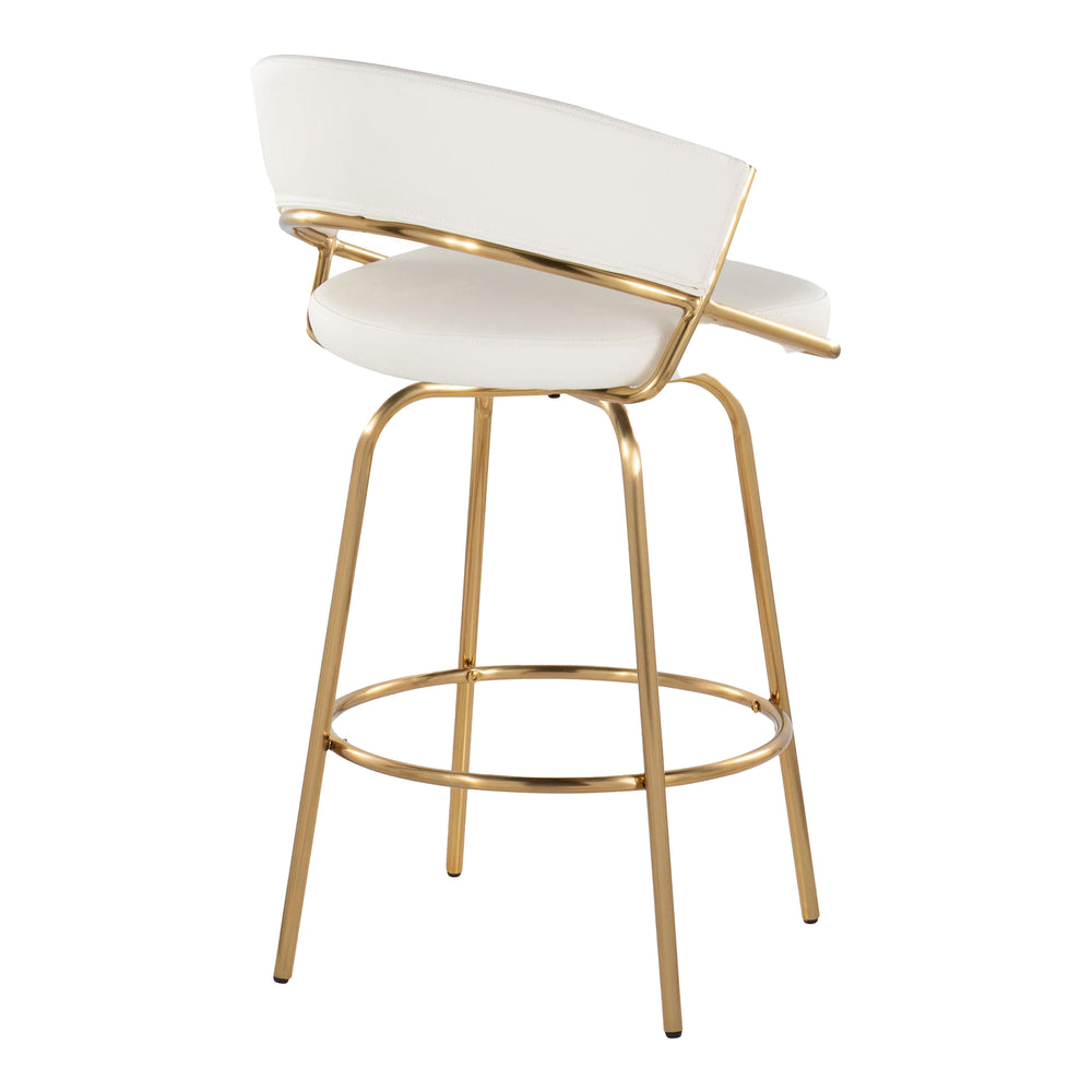English Elm Jie Contemporary Counter Stool Set of 2 - Gold Metal Frame, White Faux Leather Swivel, Round Footrest B202S00335
