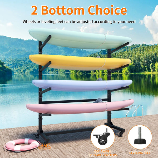 English Elm 80''h Freestanding Steel Kayak Storage Rack Holds 4 Vessels with Locking Caster Wheels T2398P305831