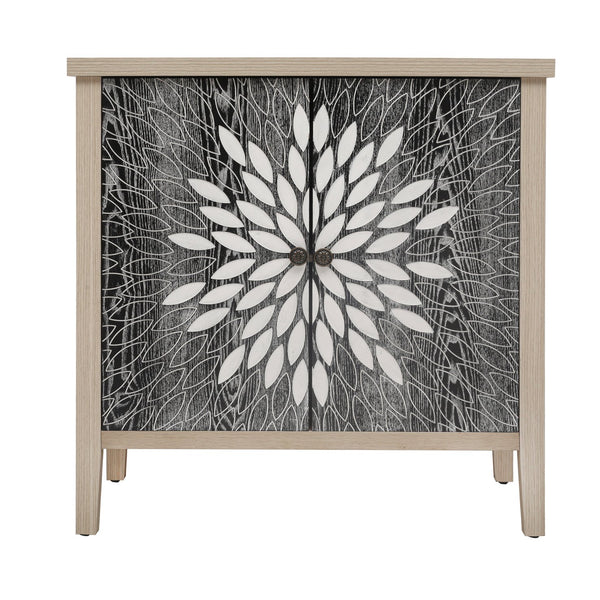 English Elm 2-Door Carved Storage Cabinet with Floral Handle, Adjustable Shelf, Anti-Tip Safety, Slim Design Black,Natural W688P232768