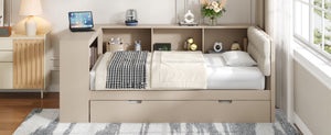 English Elm Wood Twin Platform Bed Linen Headboard Storage Shelves Trundle Charging Station Cream N709P004023C