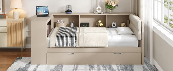 English Elm Wood Twin Platform Bed Linen Headboard Storage Shelves Trundle Charging Station Cream N709P004023C