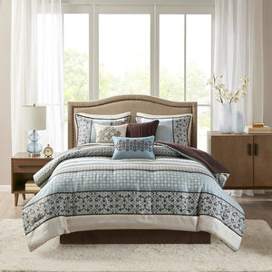 English Elm 7 Piece Comforter Set - Elegant Geometric Design In Soft Blue & Ivory For Queen Beds, Easy Care & Stylish B03597161