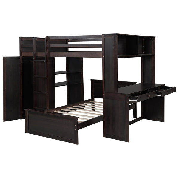English Elm Full Twin Loft Bed with Desk Wardrobe Shelves Pine Wood Frame Kids Bedroom Espresso LT000821AAP-1