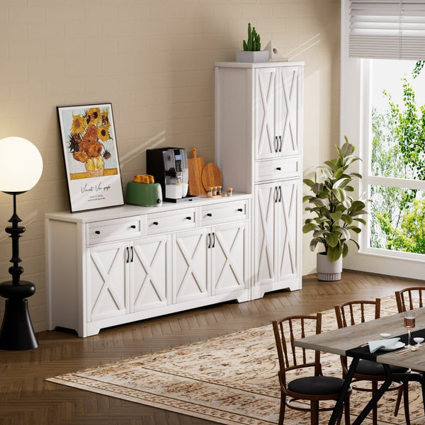 English Elm 66 Inch Entertainment Center with Tempered Glass Open Closed Storage for Living Room White W1162P313309