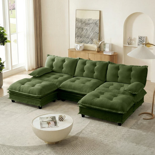 English Elm 107" U Shaped Chenille Sectional Cloud Sofa with Ottomans Deep Seat Modular Living Room Green W714S01730