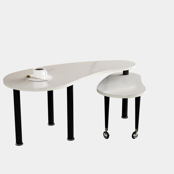 English Elm Contemporary rotatable cocktail table with 360° swivel top, sintered stone & MDF surface, space-saving design White+Black W2899P372754