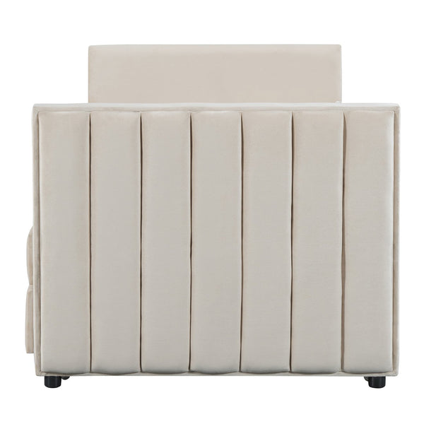 English Elm Twin Upholstered Daybed with Pull-Out Trundle and 3 Drawers, Velvet Finish, Solid Frame, Slat Kit Included Beige SF000147AAA