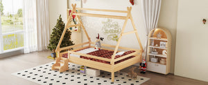 English Elm Twin House Shaped Platform Bed Solid Pine Frame with Built in Stairs for Kids Natural W1580P354721