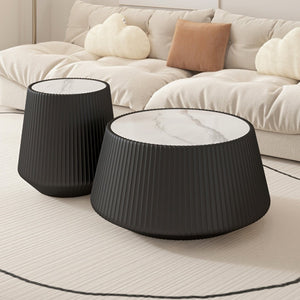 English Elm Light Sintered Stone Top Round Coffee Table with Sculpted Leather Base for Living Room W3081P367629